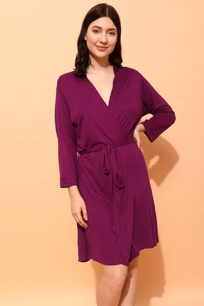 Clovia Chic Basic Robe in Wine color- Viscose