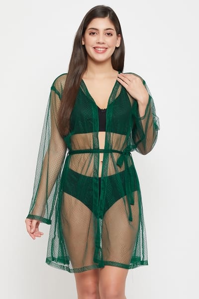 Clovia Chic Basic Sheer Robe in Dark Green - Mesh
