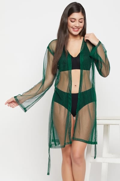 Clovia Chic Basic Sheer Robe in Dark Green - Mesh