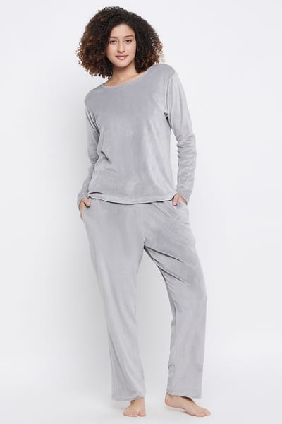 Clovia Chic Basic Sweatshirt &amp Pyjama Set in Light Grey - Velour