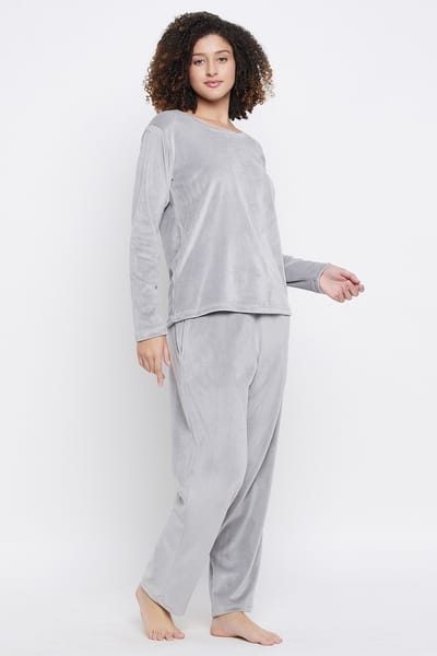 Clovia Chic Basic Sweatshirt &amp Pyjama Set in Light Grey - Velour