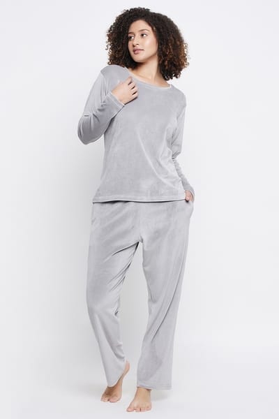 Clovia Chic Basic Sweatshirt &amp Pyjama Set in Light Grey - Velour