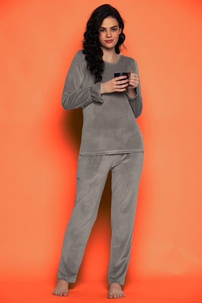Clovia Chic Basic Top &amp Pyjama Set in Grey - Velour