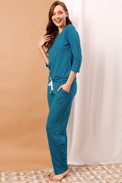Clovia Chic Basic Top &amp Pyjama Set in Ocean Blue - Modal