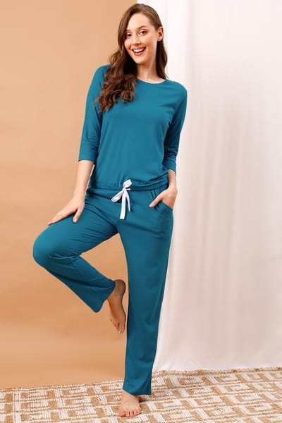 Clovia Chic Basic Top &amp Pyjama Set in Ocean Blue - Modal