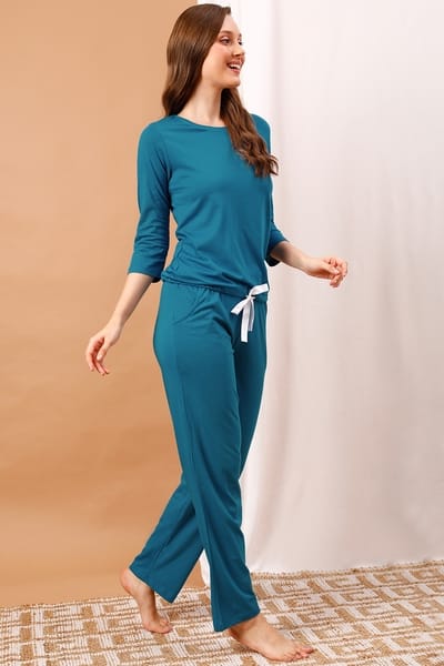 Clovia Chic Basic Top &amp Pyjama Set in Ocean Blue - Modal