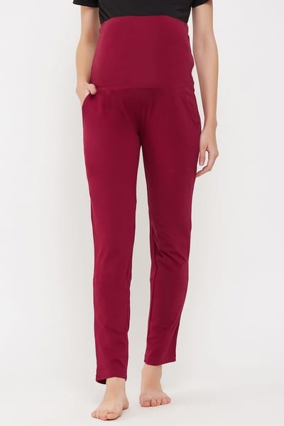 Clovia Chic Basic Maternity Leggings in Maroon - Cotton