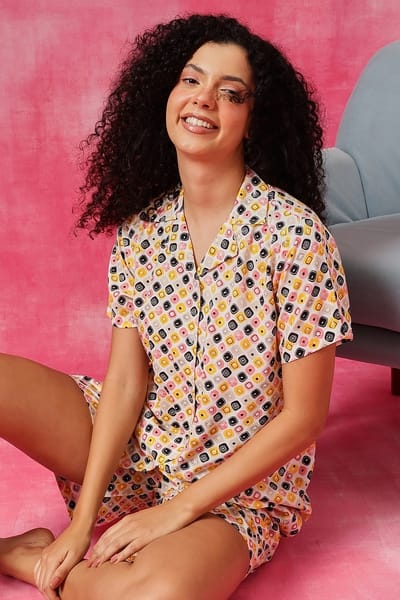 Clovia Geometric Print Button Down Shirt &amp Shorts Set in White - Rayon