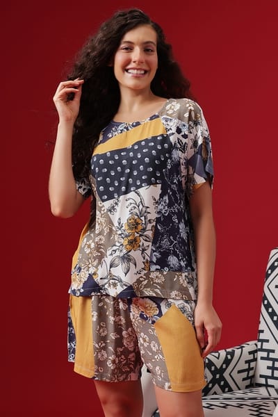 Clovia Printed Top &amp Shorts Set in Multicoloured - Rayon