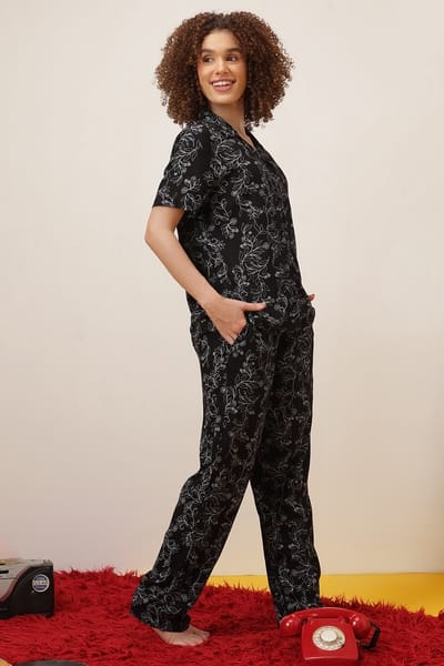 Clovia Floral Print Button Down Shirt &amp Pyjama Sets in Black - Rayon