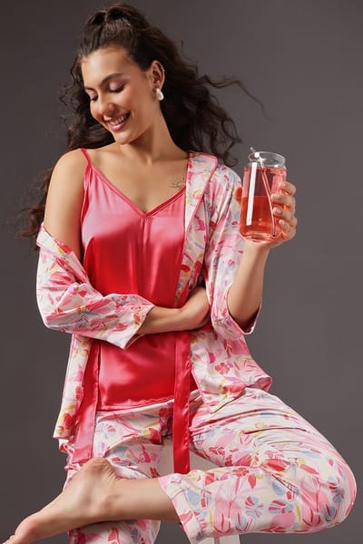 Clovia 3 Pc Set in Multicolour - Cami Top Pyjama &amp Robe - Satin