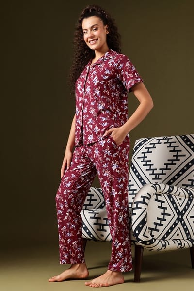 Clovia Super-Soft Floral Print Button-Down Night Suit in Maroon
