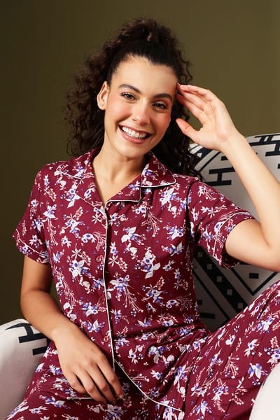 Clovia Super-Soft Floral Print Button-Down Night Suit in Maroon