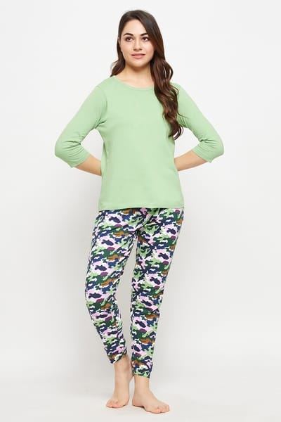 Clovia Chic Basic Top &amp Camouflage Print Pyjama in Mint Green - 100% Cotton