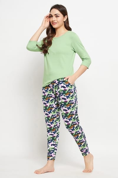 Clovia Chic Basic Top &amp Camouflage Print Pyjama in Mint Green - 100% Cotton