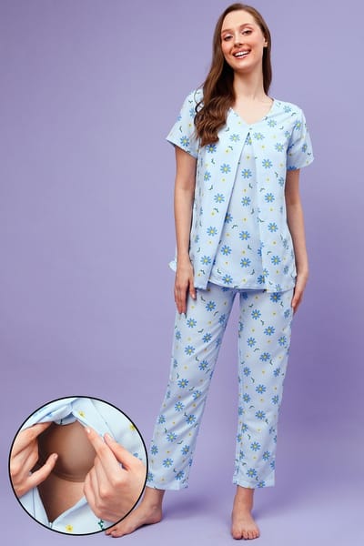 Clovia Pretty Florals Feeding Top &amp Pyjama Set in Powder Blue - Rayon