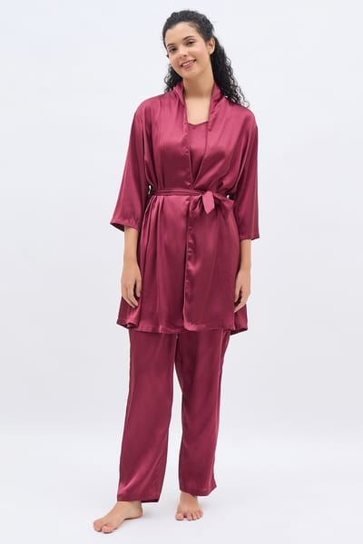 Clovia 3 Pc Nightwear Set in Maroon - Satin