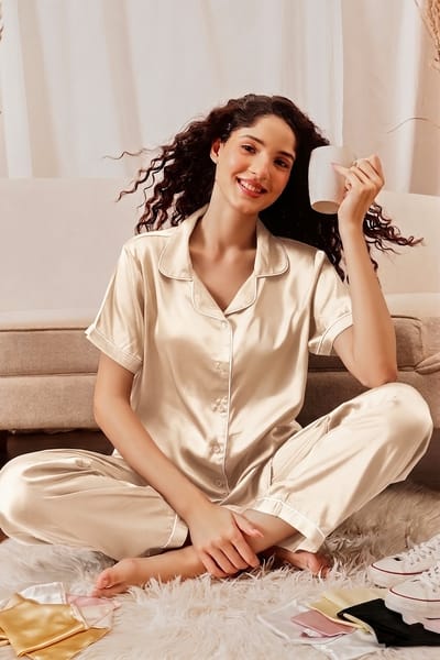 Clovia Button-Down Shirt &amp Pyjama Set in Off-White - Satin