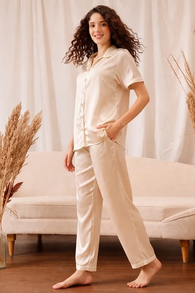 Clovia Button-Down Shirt &amp Pyjama Set in Off-White - Satin