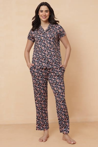 Clovia Floral Print Button Down Shirt &amp Pyjama Set in Dark Grey