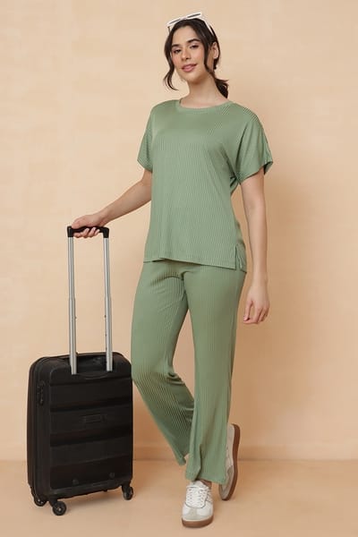Clovia Jet Set Go Ribbed Co-ord Set in Light Green