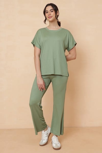 Clovia Jet Set Go Ribbed Co-ord Set in Light Green