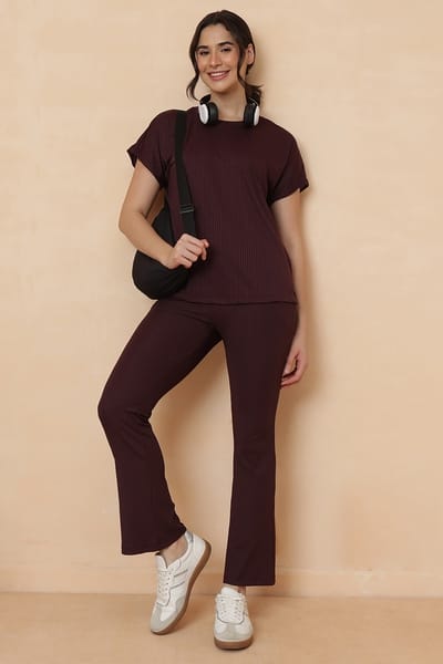 Clovia Jet Set Go Ribbed Co-ord Set in Wine Colour