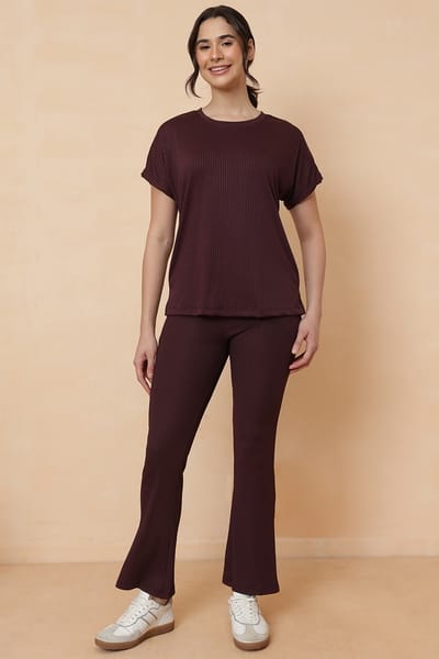 Clovia Jet Set Go Ribbed Co-ord Set in Wine Colour