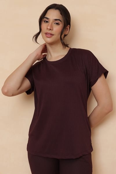 Clovia Jet Set Go Ribbed Co-ord Set in Wine Colour