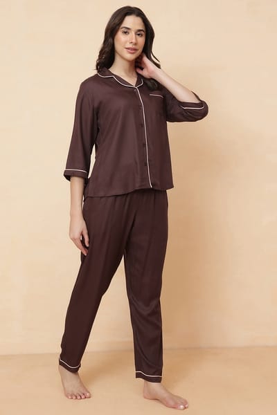 Clovia Button Down Shirt &amp Pyjama Set in Brown - Rayon