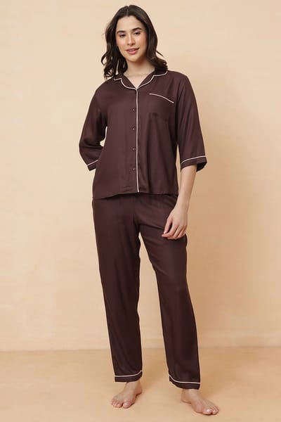 Clovia Button Down Shirt &amp Pyjama Set in Brown - Rayon
