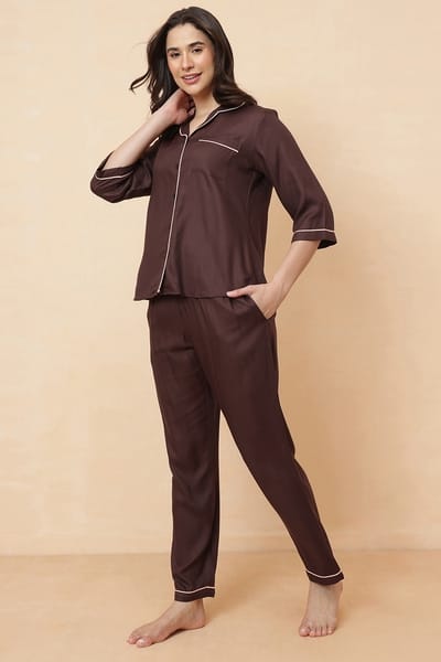Clovia Button Down Shirt &amp Pyjama Set in Brown - Rayon