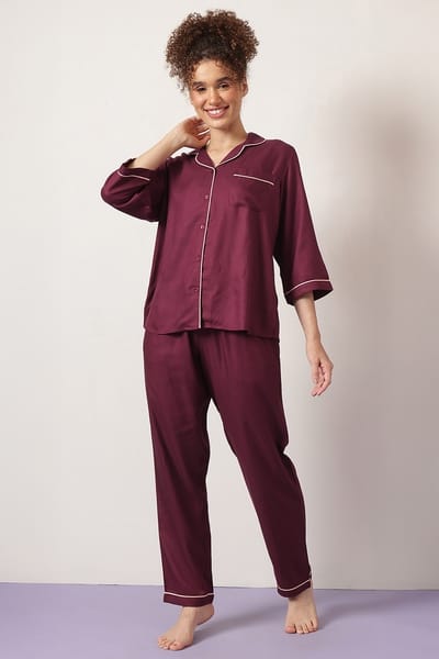 Clovia Button Down Shirt &amp Pyjama Set in Wine Colour - Rayon
