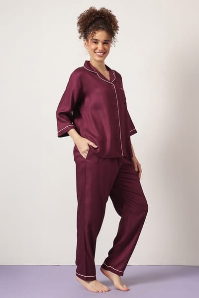 Clovia Button Down Shirt &amp Pyjama Set in Wine Colour - Rayon