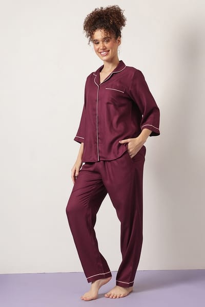 Clovia Button Down Shirt &amp Pyjama Set in Wine Colour - Rayon