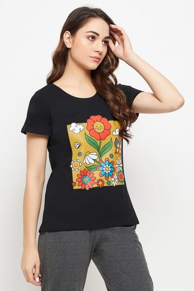 Clovia Graphic Print Top in Black - 100% Cotton
