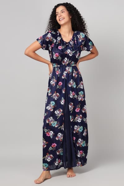 Clovia Floral Print Long Nighty in Navy Colour - Satin