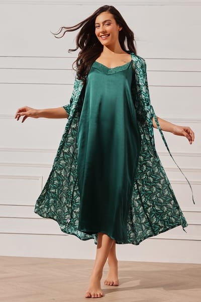 Clovia Solid Long Nighty &amp Floral Print Robe Set in Emerald Green - Satin