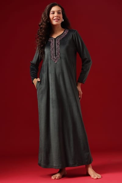 Clovia Chic Long Nighty in Dark Grey - Velour