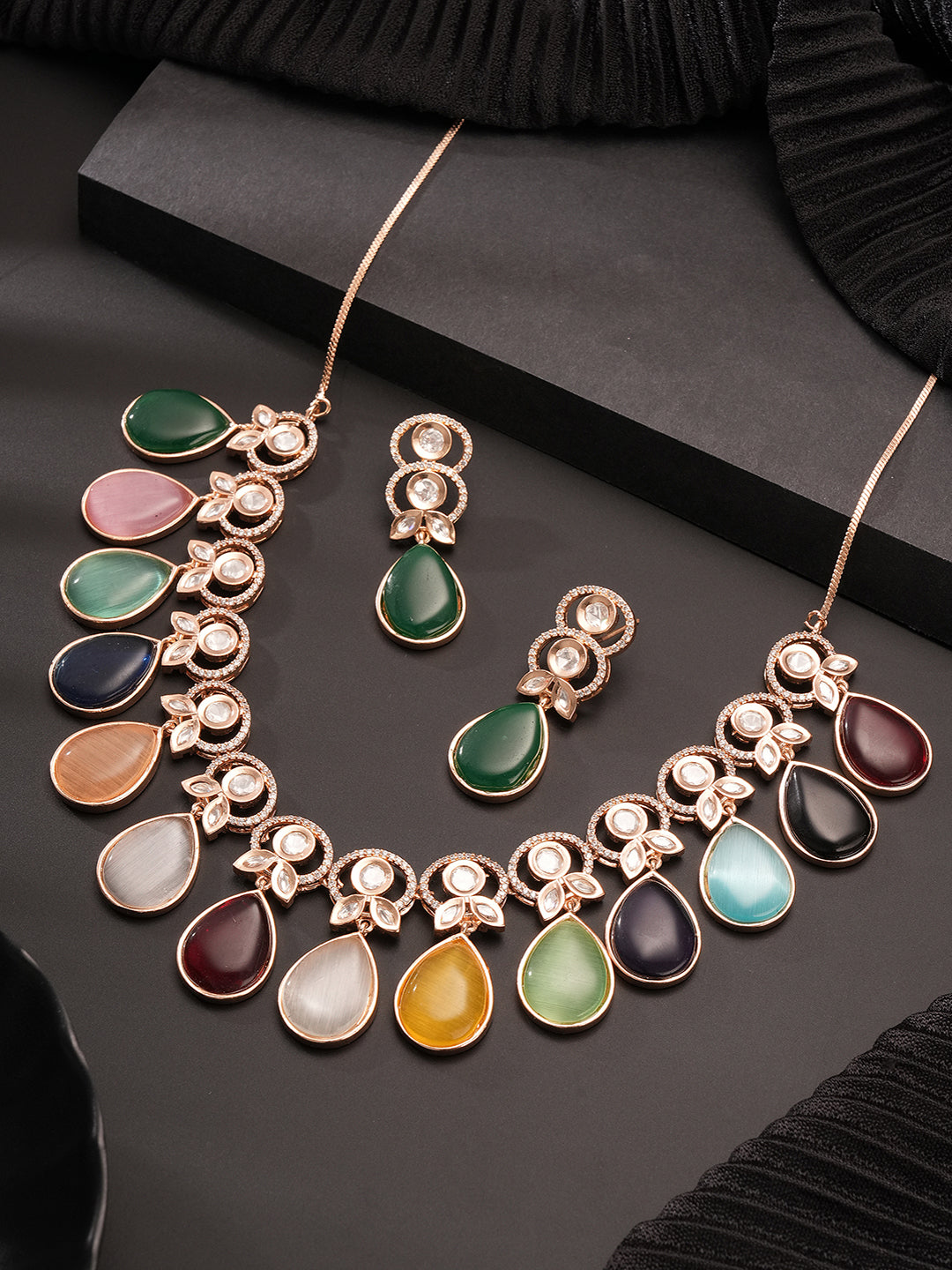 Gold plated layered floral necklace and earring set front view