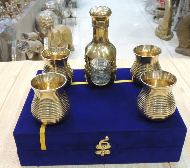 Brass Showpiece Antique Jug With 4 Glass 0.38 KG - PUSHMYCART