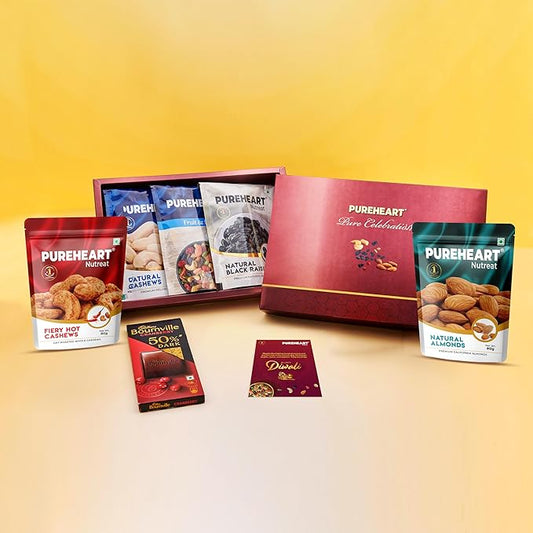 PUREHEART Diwali Gift Hamper | Corporate Gifting | Natural Cashews | Fruit & Nut Nutmix | Black Raisins | Fiery Hot Cashews | Natural Almonds (80 g each) | Chocolate and Card | Dry Fruits Gift Box
