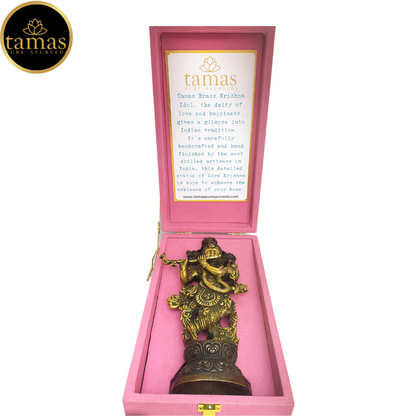 Tamas Brass Handcrafted Lord Krishna Murti Playing Flute Statue / Idol with Antique Finish (Pack of 1) Free Premium Gift Box - PUSHMYCART