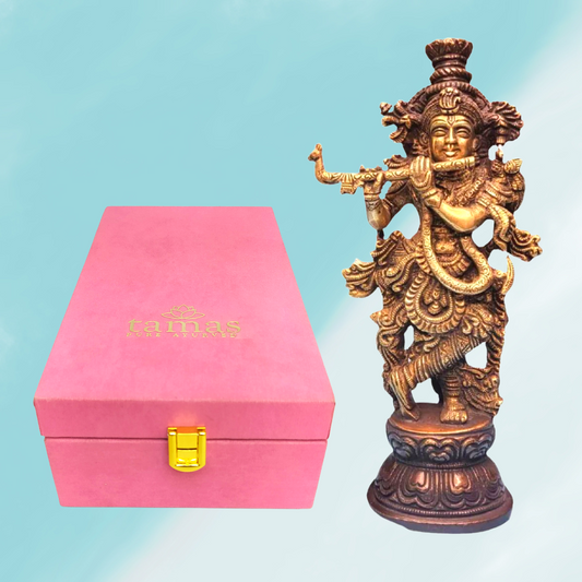 Tamas Brass Handcrafted Lord Krishna Murti Playing Flute Statue / Idol with Antique Finish (Pack of 1) Free Premium Gift Box - PUSHMYCART