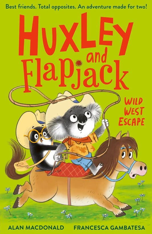 Oxfordbookstore Huxley and Flapjack Wild West Escape book cover featuring a koala and penguin in cowboy hats.
