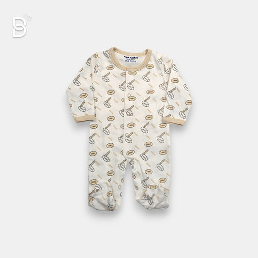 Tan short-sleeve baby bodysuit with embroidered rugby ball detail