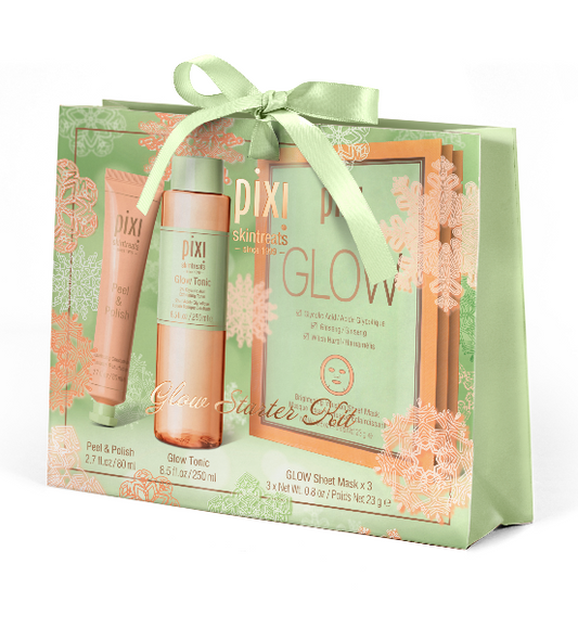 Travel-friendly Pixi Beauty skincare set, showcasing products designed to achieve a healthy glow.