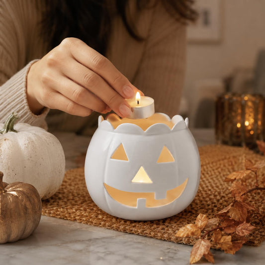 White Pumpkin Tealight Candle Holder Jack O Lantern Halloween Decor