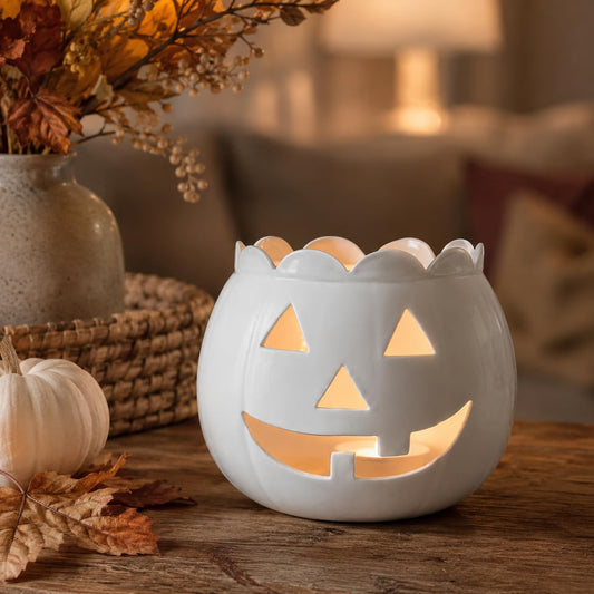 White Pumpkin Tealight Candle Holder Jack O Lantern Halloween Decor
