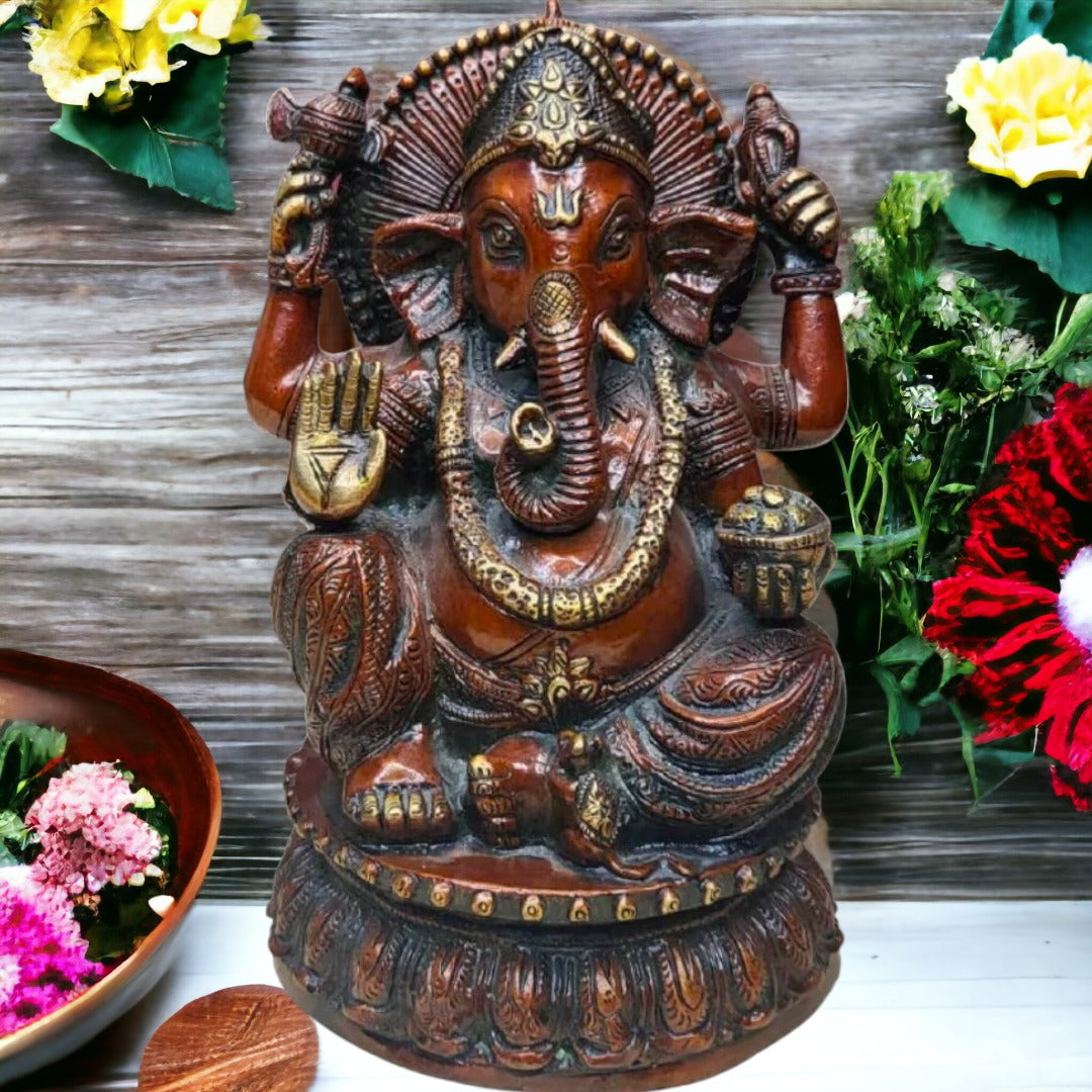 Tamas Brass Handcrafted Lord Ganesha Statue / Idol with Antique Finish (Golden & Brown) (Pack of 1) - PUSHMYCART